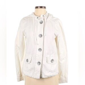 PRANA 100% Organic Cotton White Button Up Hooded Sweatshirt Hip Length Jacket L